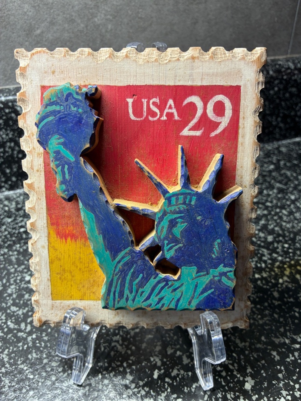 USA 29 Statue of Liberty Decorative Wooden Plaque - Blue/Green 4.5” x6”
